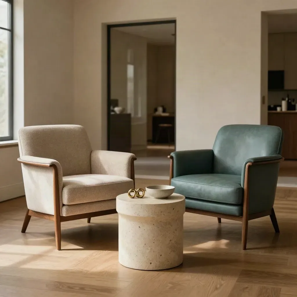 Twee fauteuils in een lichte foyer met brass ringen op een bijzettafel.