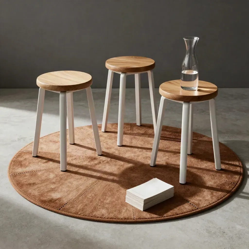 Stille ledenhoek met ronde tapijtstructuur, stoelen, omgekeerde kaarten en karaf in zacht ochtendlicht.