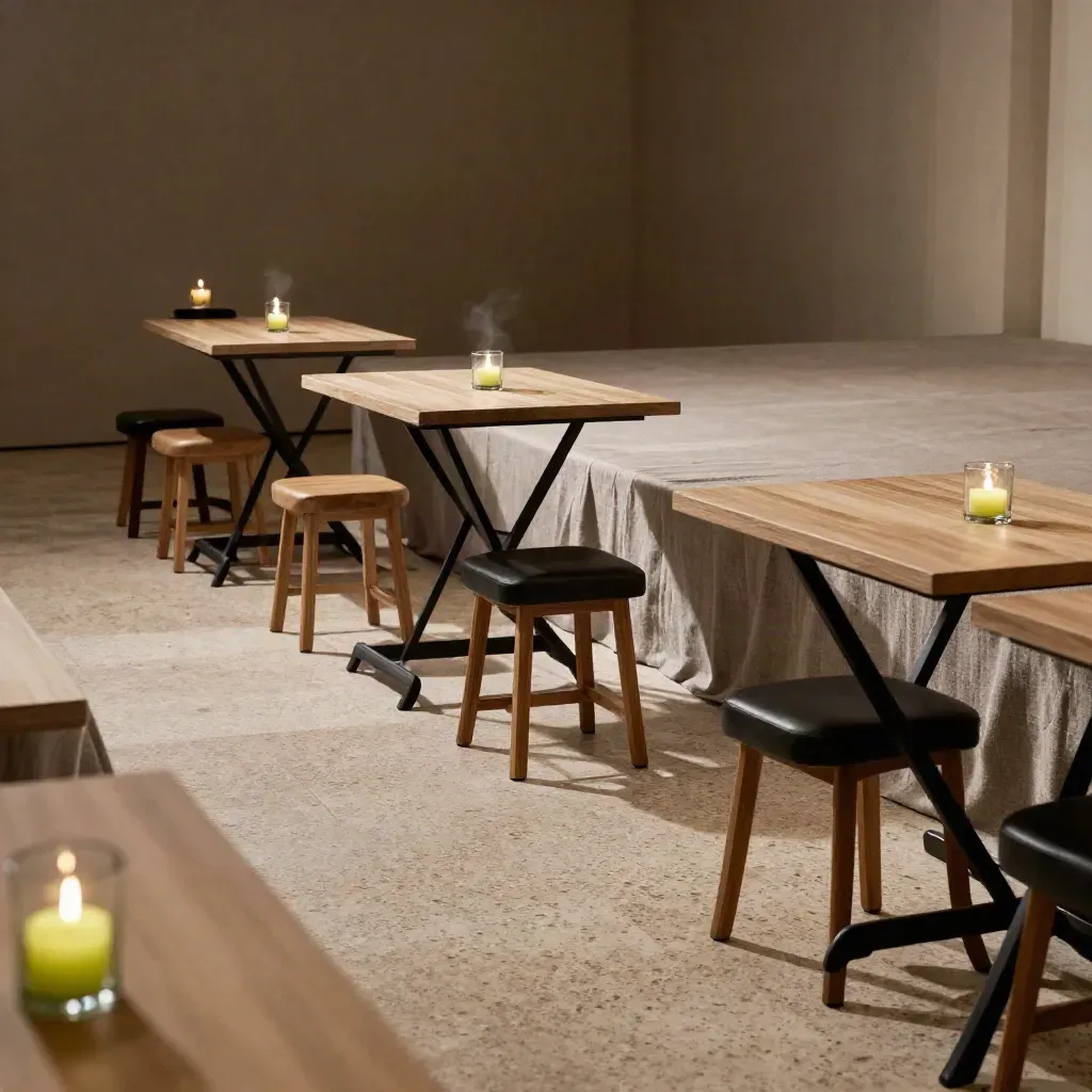 Eventzaal met cocktailtafels, stoelen, votieven en linnen podium, vastgelegd vanaf de gang.
