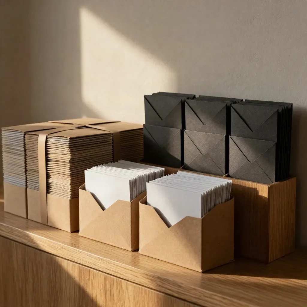 Ordevolle ledenhoek met welkomstkits, houten vakjes en matte kaarthouders in warm licht.