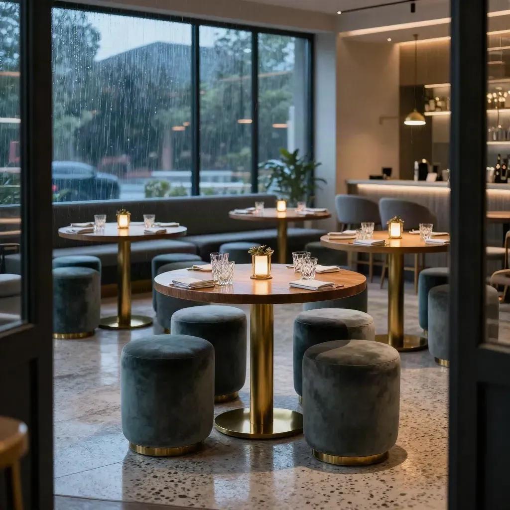 Leeg netwerkvenue met cocktailtafels, fluwelen stoelen en regenlicht op natte vloer.