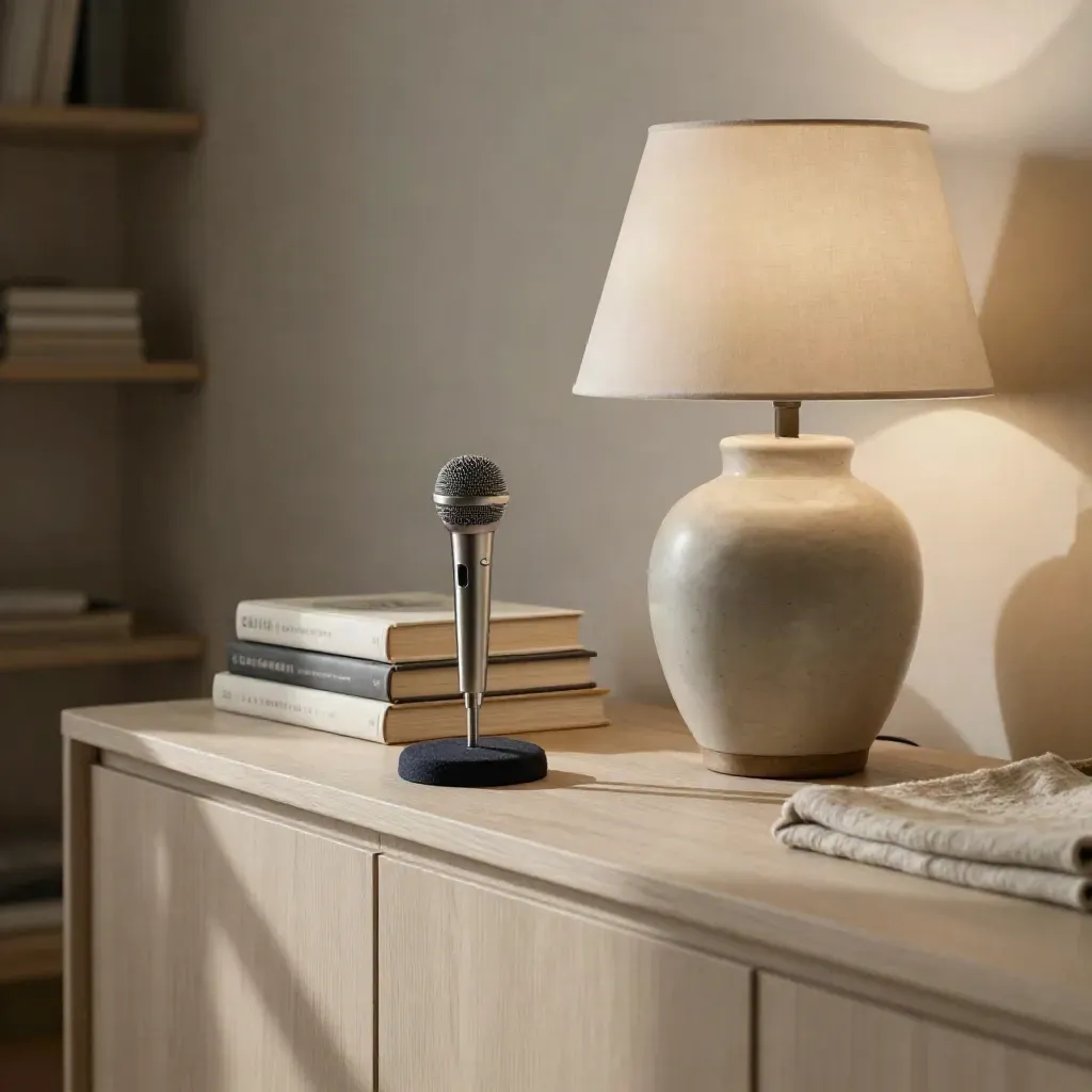 Microfoon, gestapelde boeken en een warme lamp op een lichte houten sidetable in zacht daglicht.