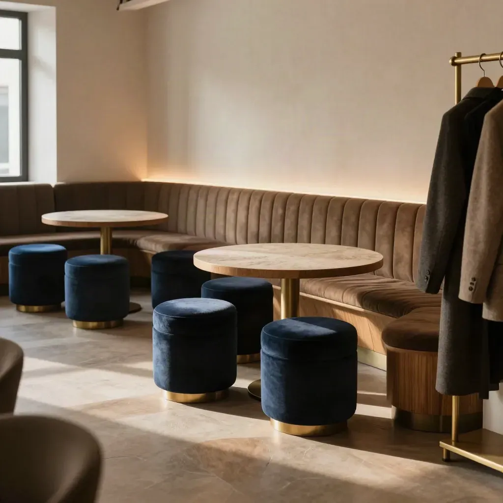 Lege netwerklounge met navy stoelen, extra tafels en een kapstok in warm avondlicht.