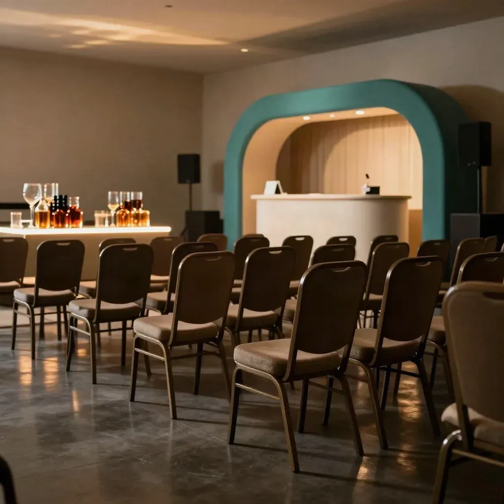 Lege eventzaal met stoelen, verlicht podium en registratieboog in warme sfeer.