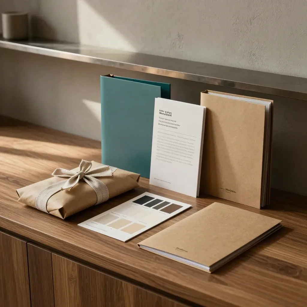Drie referral-kits op een netwerkbalie in dramatisch licht, klaar voor nieuwe introducties.