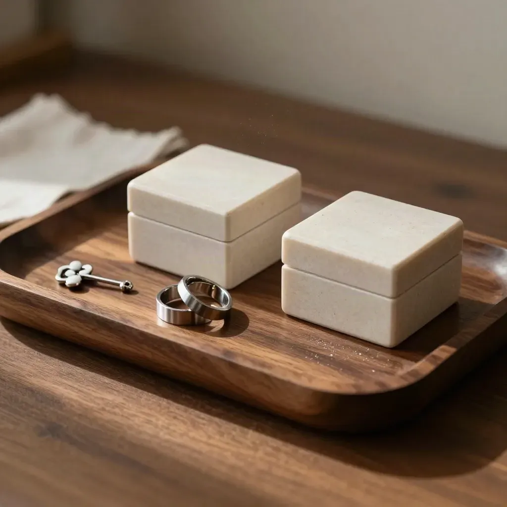 Stone sampledozen, metalen ringen en spelden in een walnoten blad met warm daglicht.