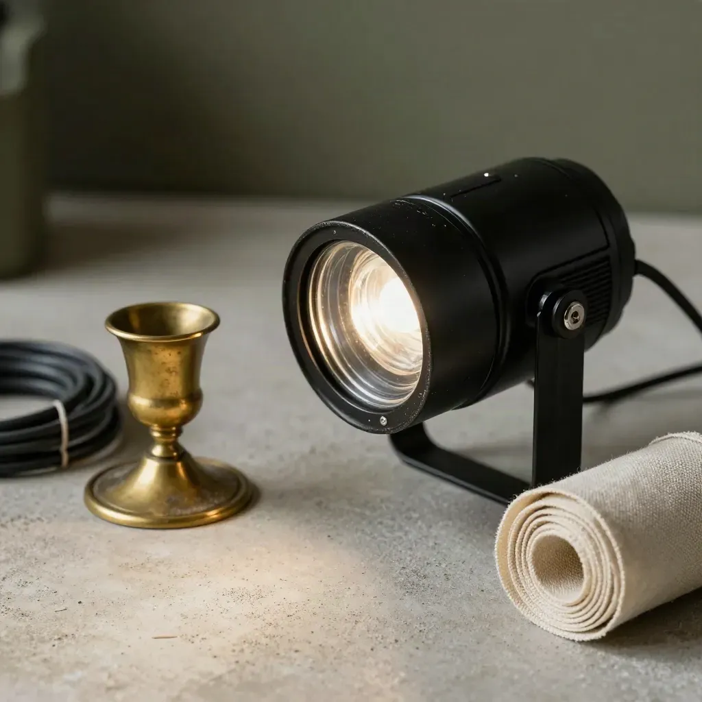 Close-up van een mini podiumlamp met kabelbinders, messing kandelaar en linnen lint op beton.