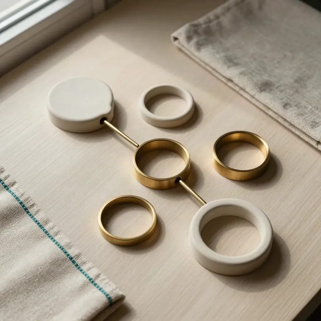 Bovenaanzicht van keramische markers, messing ringen en linnen op licht hout.