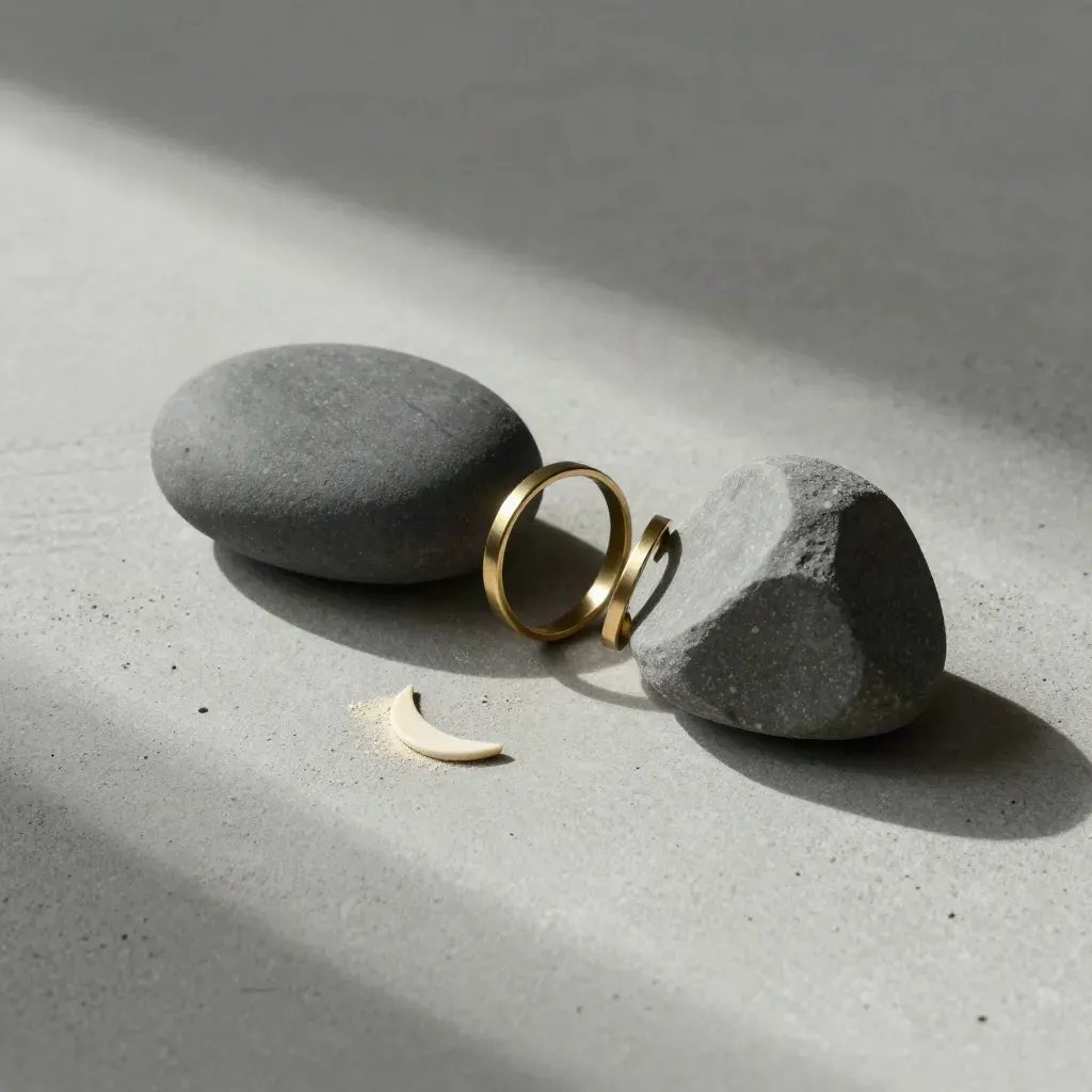 Twee matte stenen en een verschuivende ring van messing pinnen op licht beton.