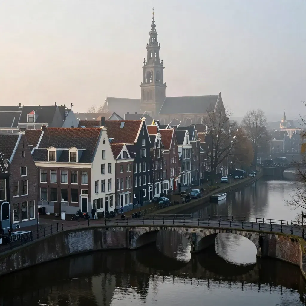 Amsterdamse grachten en een kerktoren in zachte ochtengloed boven mistig water