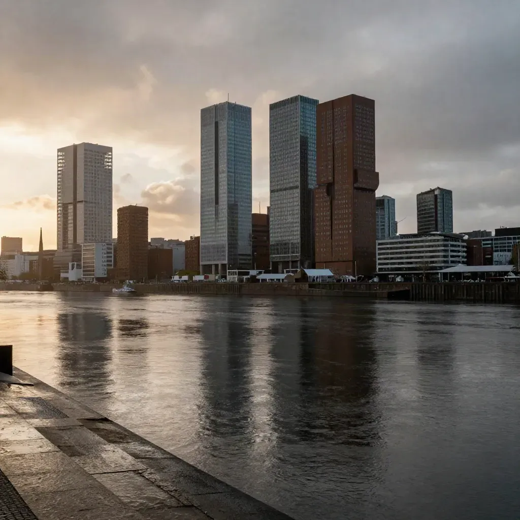 Rotterdam skyline bij zonsondergang boven de Maas, met natte kade, reflecties en zachte mist.