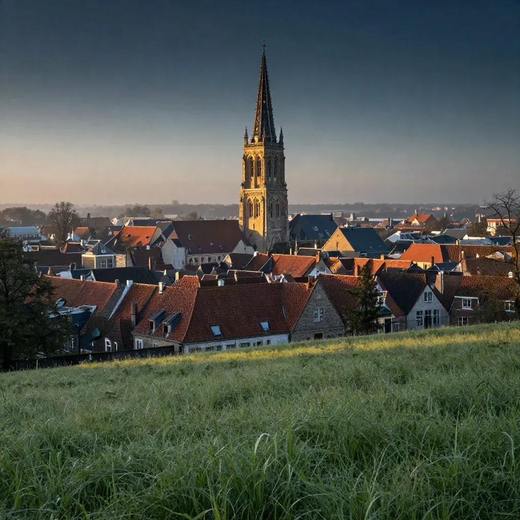 Domtoren boven oude Utrechtse daken en groene oever in warme avondmist