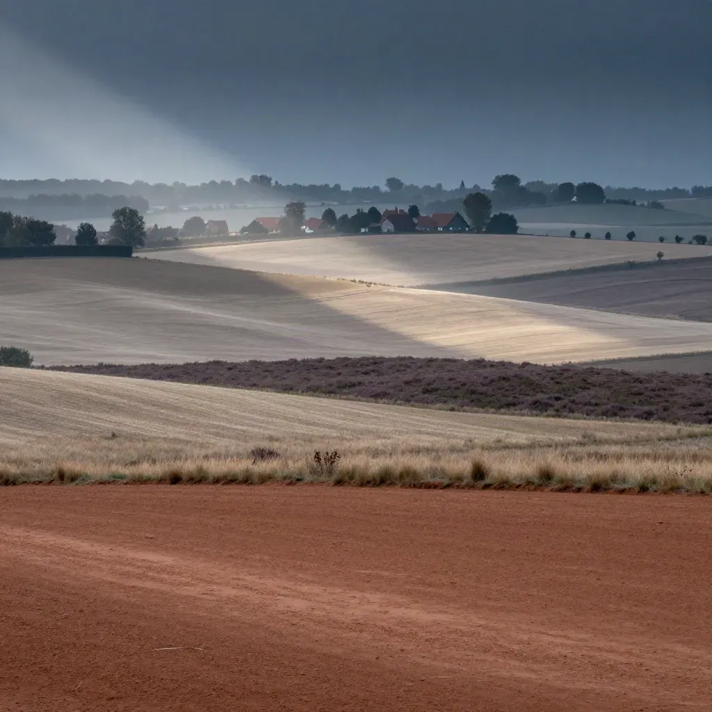Heide en dorpjes in Brabant en Gelderland onder mistig stormlicht, met hoge horizon.